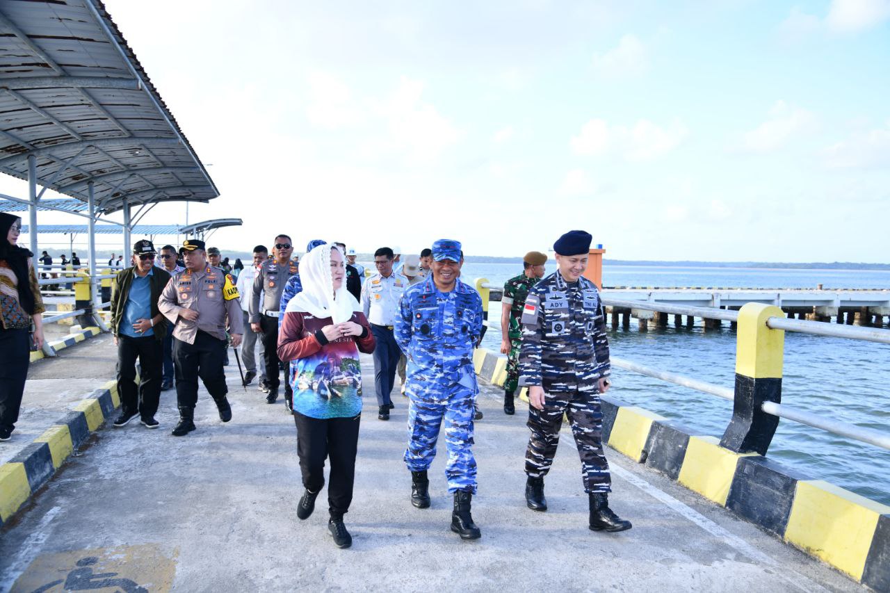 Bupati Natuna Cen Sui Lan dan Danlanud RSA Marsma TNI Onesmus Gede Rai Aryadi saat meninjau arus mudik di Pelabuhan Penagi Natuna