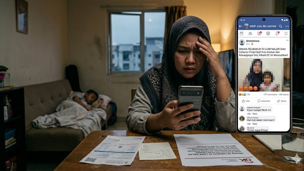 Ilustrasi akun anonim di Facebook sedang menyebarkan postingan fitnah terhadap nasabah pinjol
