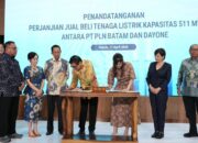 Penandatanganan Nota Kesepahaman (MoU) terkait Kerja Sama Pengembangan PLTS Terapung dengan total kapasitas mencapai 200 MWp di Auditorium Balairung Sari, BP Batam, Jumat (17/4/2026).