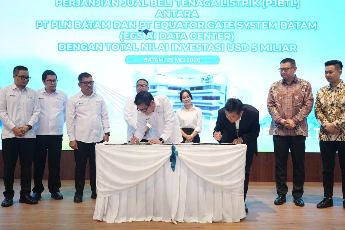 Penandatanganan Perjanjian Jual Beli Tenaga Listrik (PJBTL) antara PT PLN Batam dan PT Equator Gate System (EGS) Batam di Aula Tanjung Kasam, Kantor Korporat PLN Batam, Senin (25/5/2026).