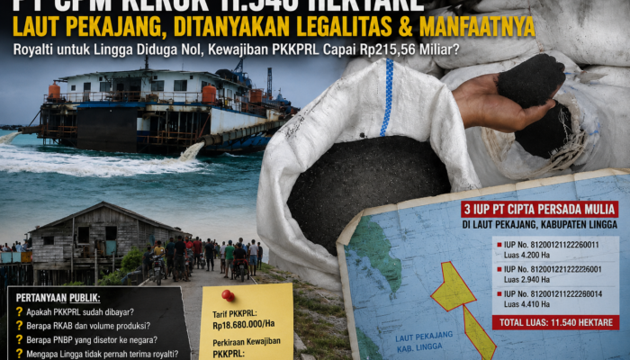 Kapal Hisap PT CPM di Pekajang Lingga Kepri Keruk 11.540 Hektare Timah Laut, Legalitas PKKPRL, PNBP hingga Royalti Daerah Dipertanyakan