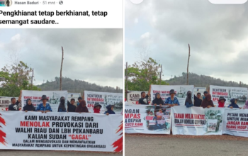 Perbandingan foto asli dan editan spanduk protes warga Rempang Batam.