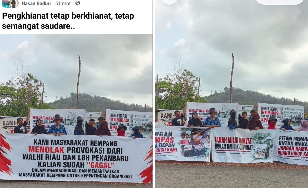 Perbandingan foto asli dan editan spanduk protes warga Rempang Batam.