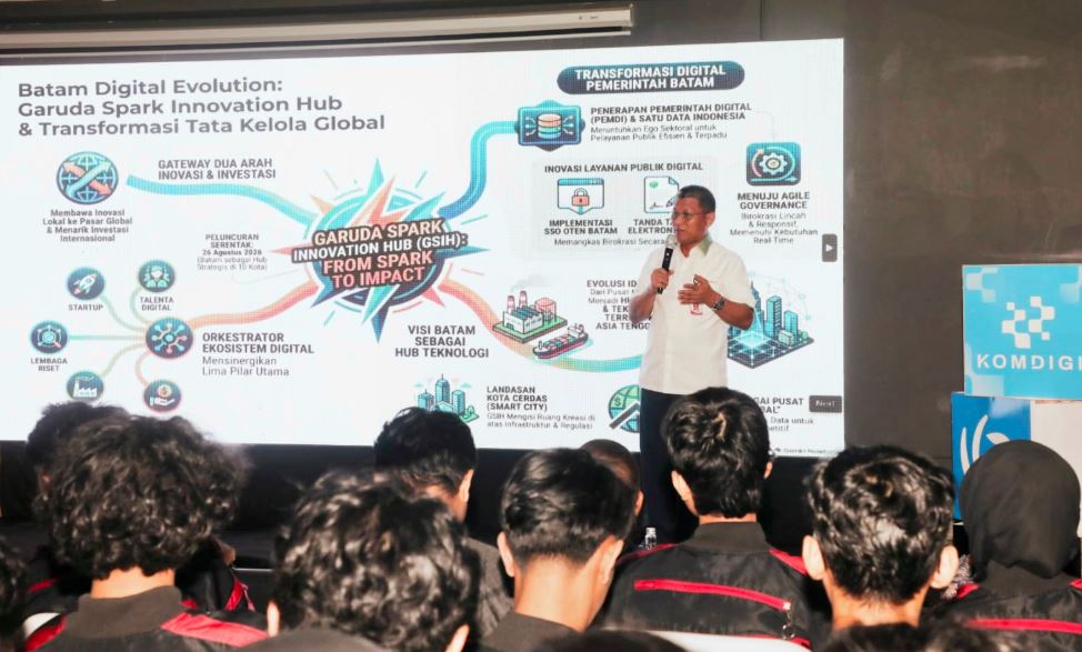 Sekda Kota Batam Firmansyah memberikan sambutan dalam peluncuran nasional Garuda Spark Innovation Hub di Nongsa Digital Park.