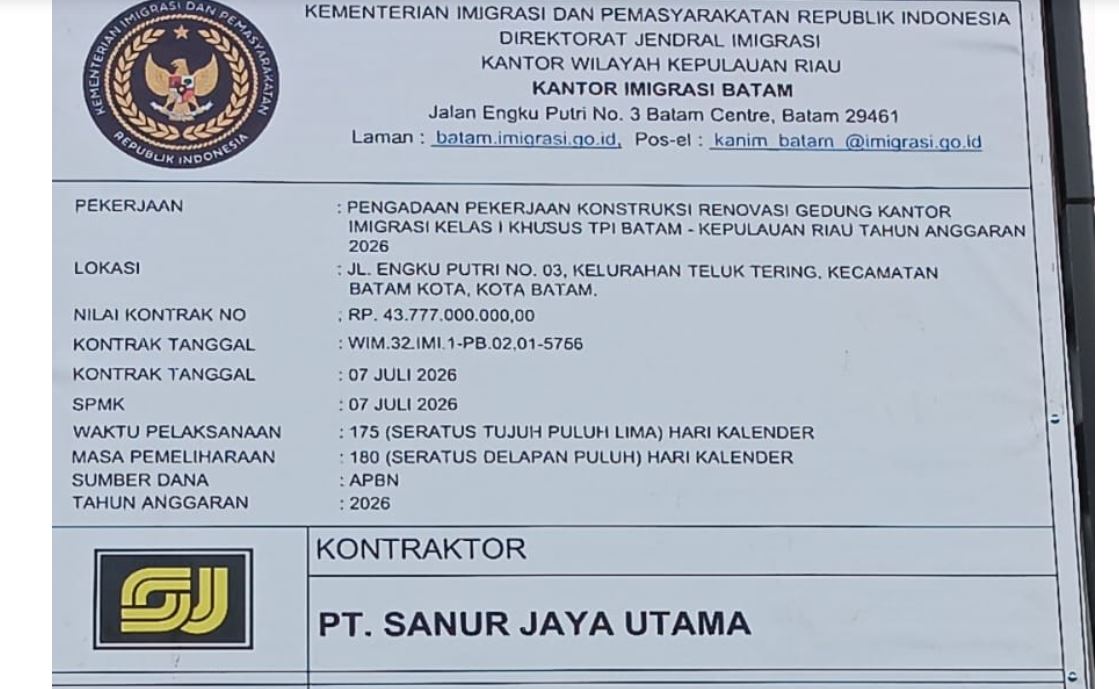 Pekerjaan konstruksi renovasi Gedung Kantor Imigrasi Kelas I Khusus TPI Batam senilai Rp46,8 miliar.