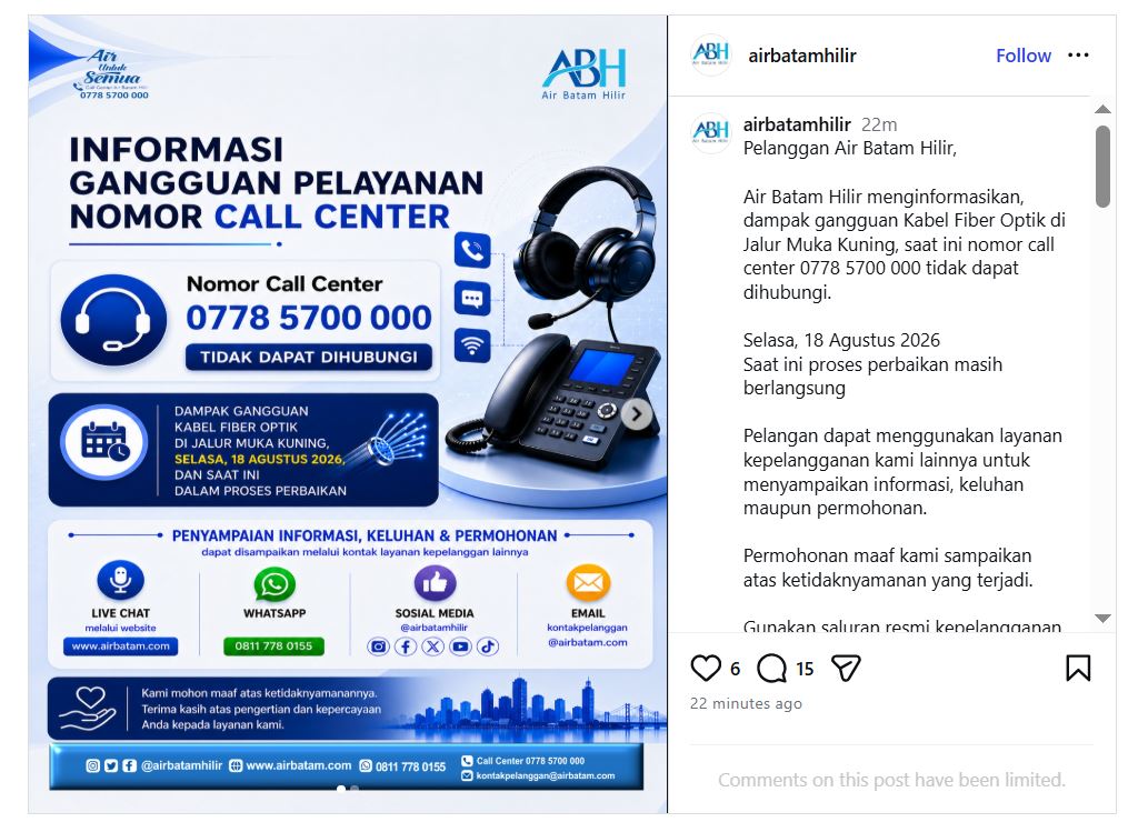 Kolom komentar Instagram Air Batam Hilir dibatasi.
