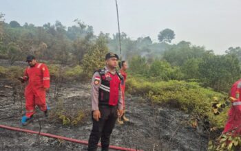 Petugas Polsek Nongsa mengecek lokasi kebakaran hutan resapan air Dam Duriangkang Batam.